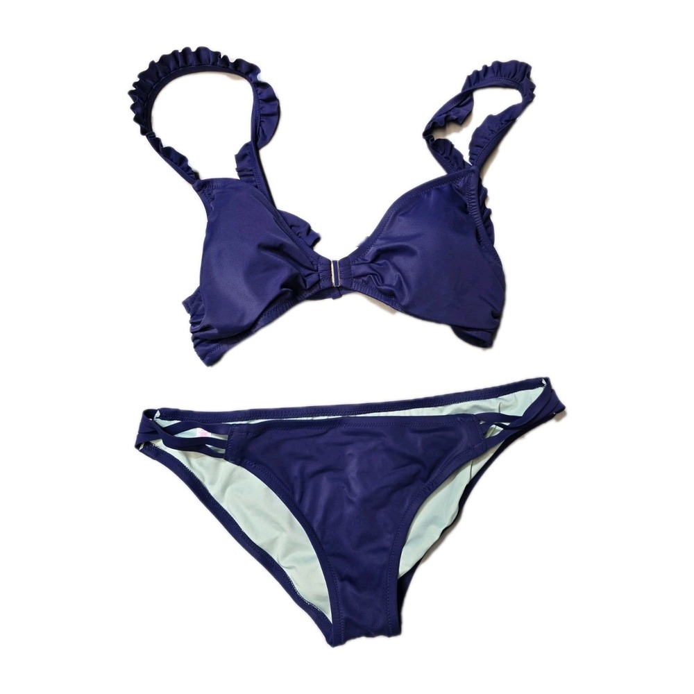 Victoria's Secret 2 Pieces Swimming Set Large Purple Ruffle Top Wireless Front